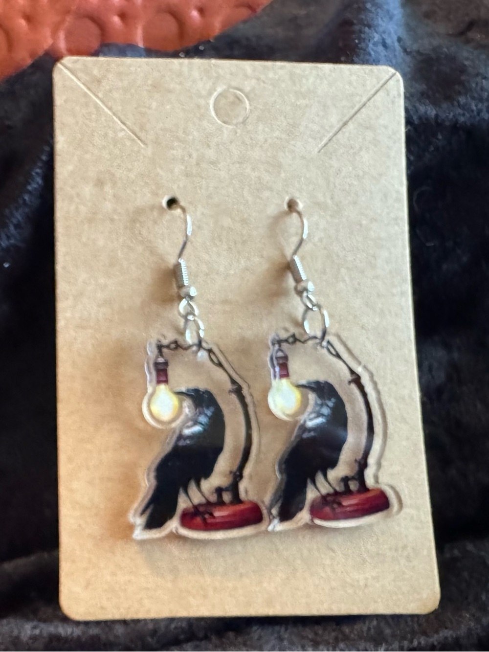 Black Raven Bird Dangle Earrings with Lightbulb Accent Halloween